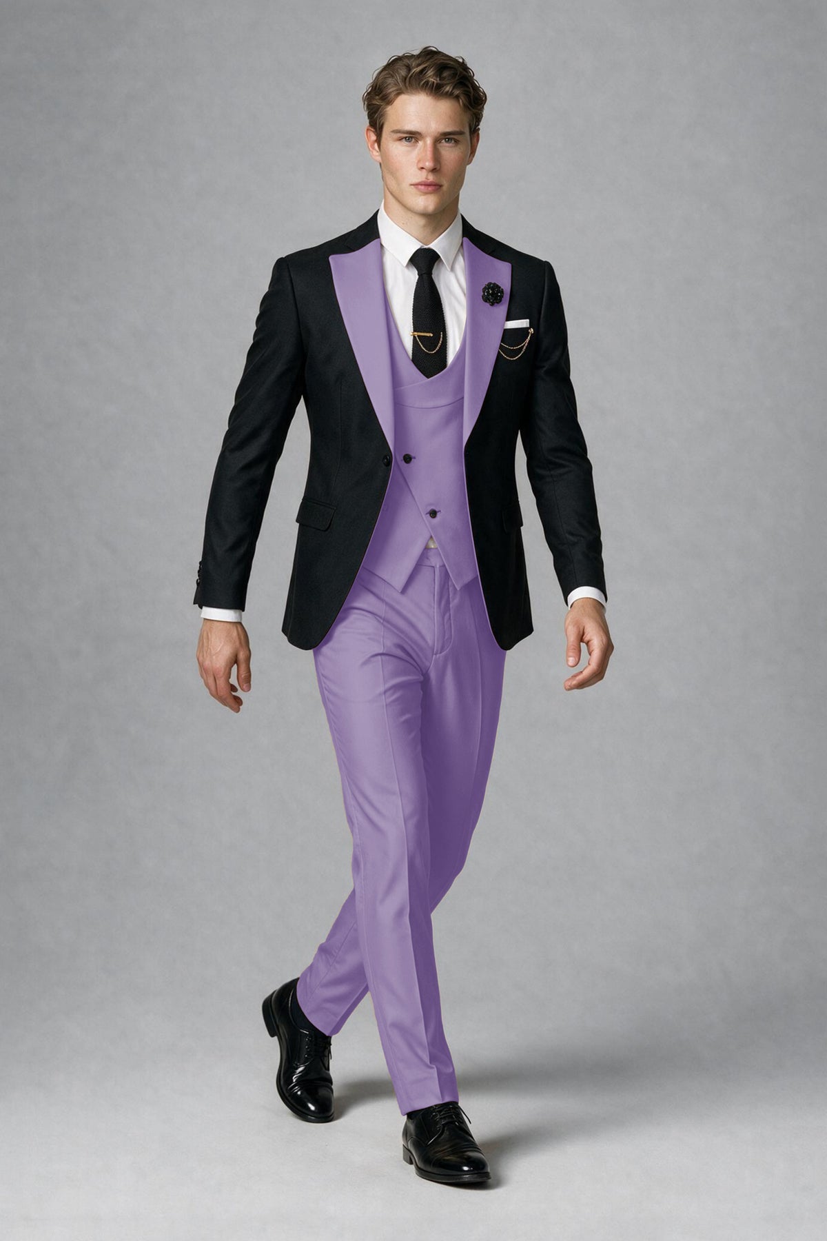 Savile Men's Black & Lilac Three-Piece Wedding Suit - Lilac