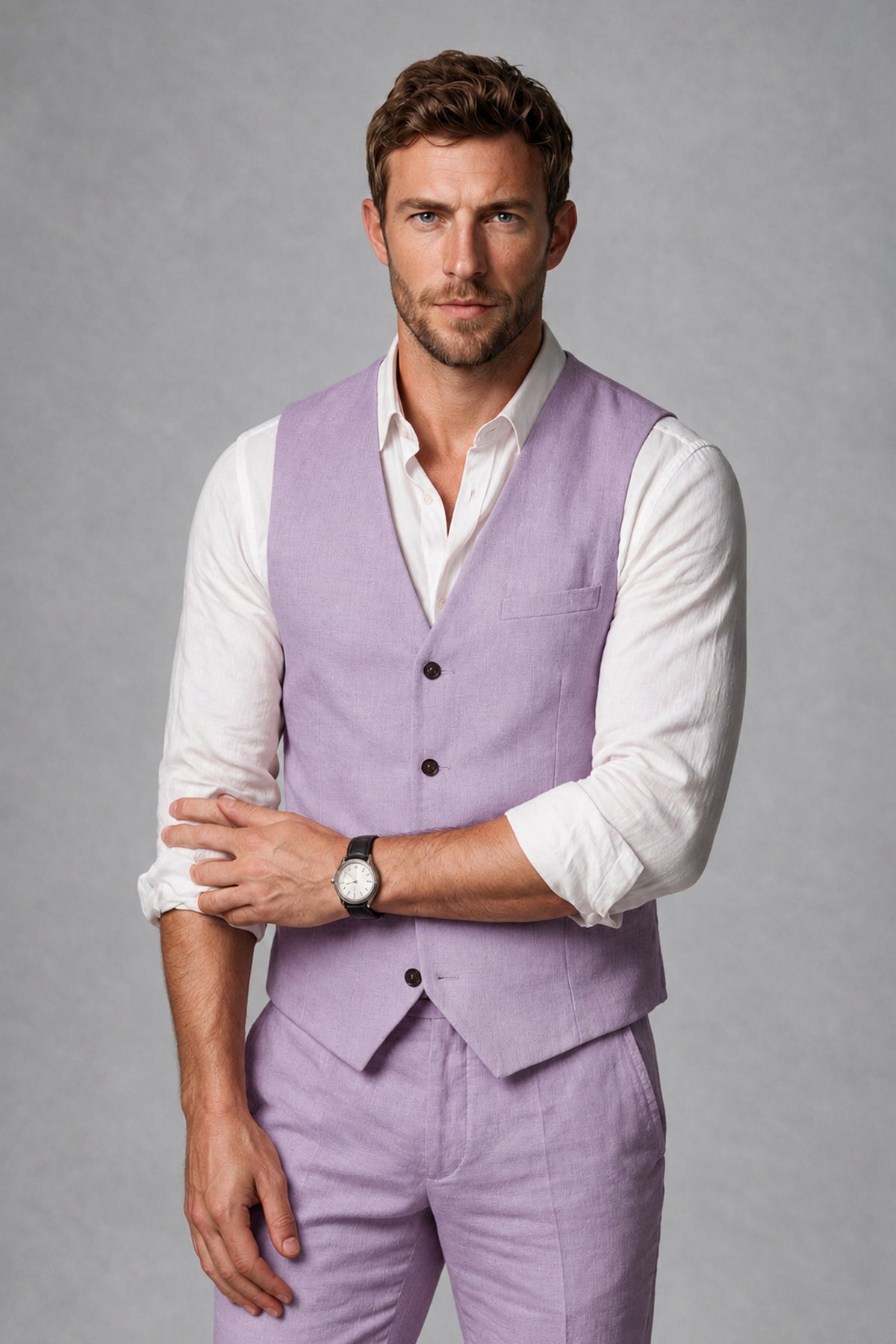 Men's Lilac Linen Blend Single-Breasted V-Neck Suit Vest | Savile QX0101 - Lilac