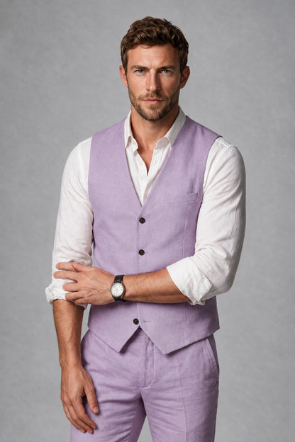 Men's Lilac Linen Blend Single-Breasted V-Neck Suit Vest | Savile QX0101 - Lilac