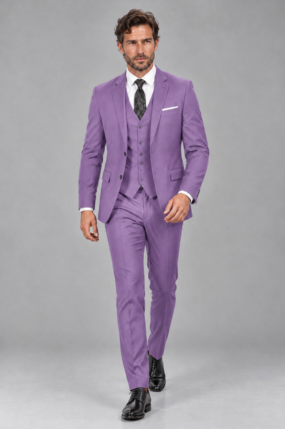 Savile Men's Lilac 3-Piece Suit Set – Notch Lapel Blazer, Vest & Trousers - Lilac - Lilac_4