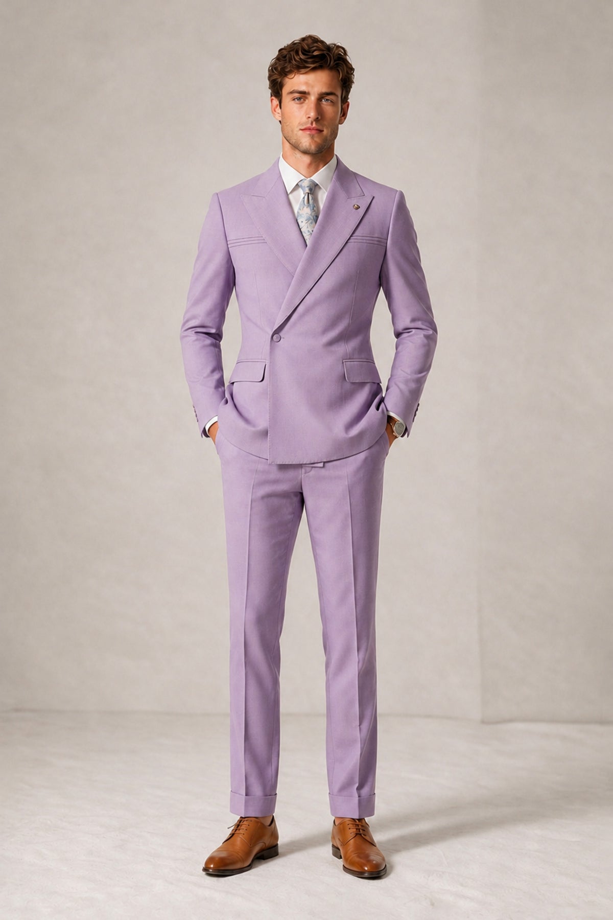 Savile Men's Lilac Double-Breasted Slim Fit 2-Piece Suit Set – Peak Lapel Blazer & Cuffed Trousers | Wedding Prom Formal - Lilac