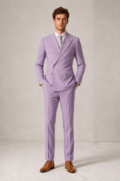 Savile Men's Lilac Double-Breasted Slim Fit 2-Piece Suit Set – Peak Lapel Blazer & Cuffed Trousers | Wedding Prom Formal - Lilac