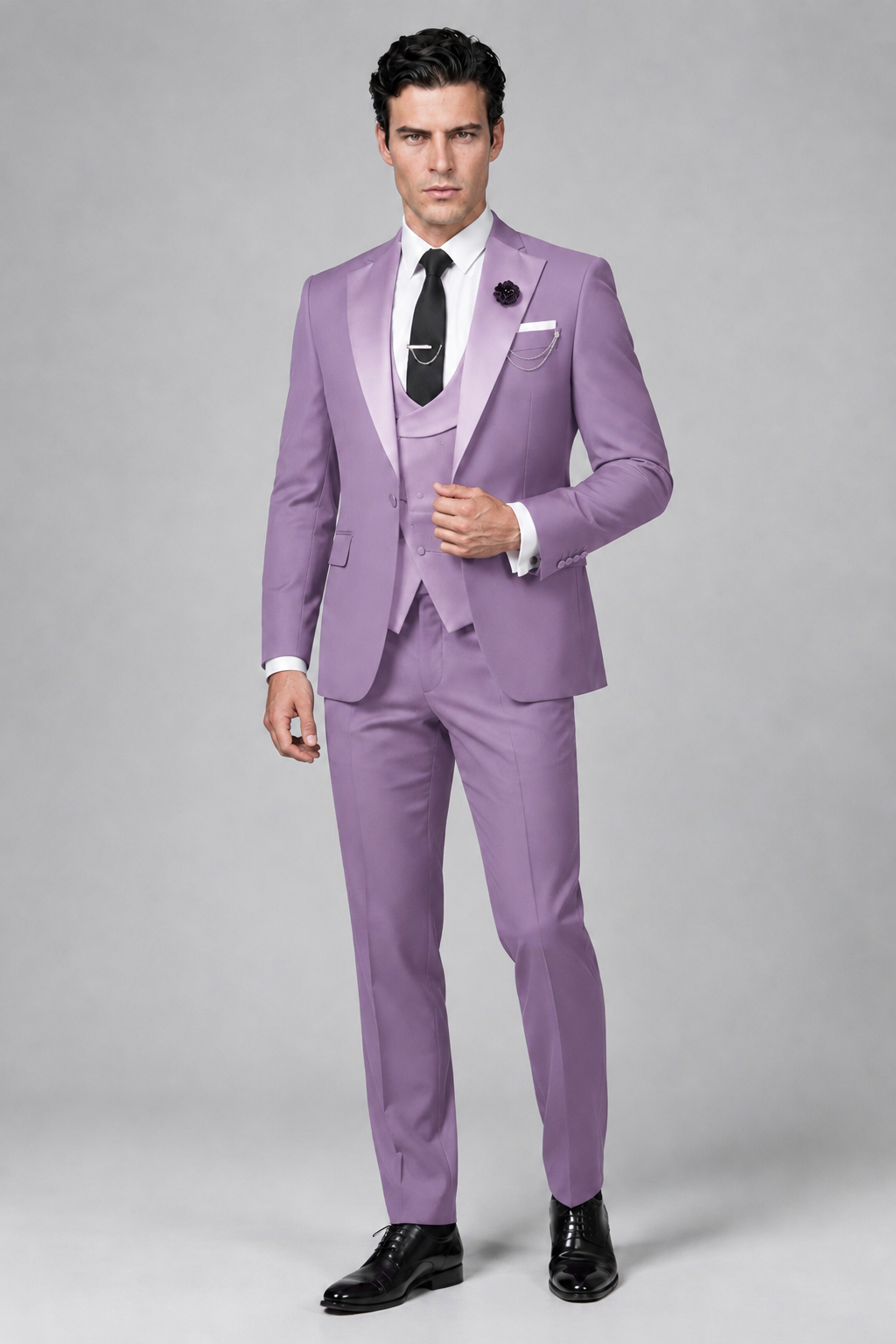 Savile Men's Lilac 3-Piece Tuxedo Suit – Contrast Silver Peak Lapel & Grey Vest Formal Set - Lilac - Lilac_4