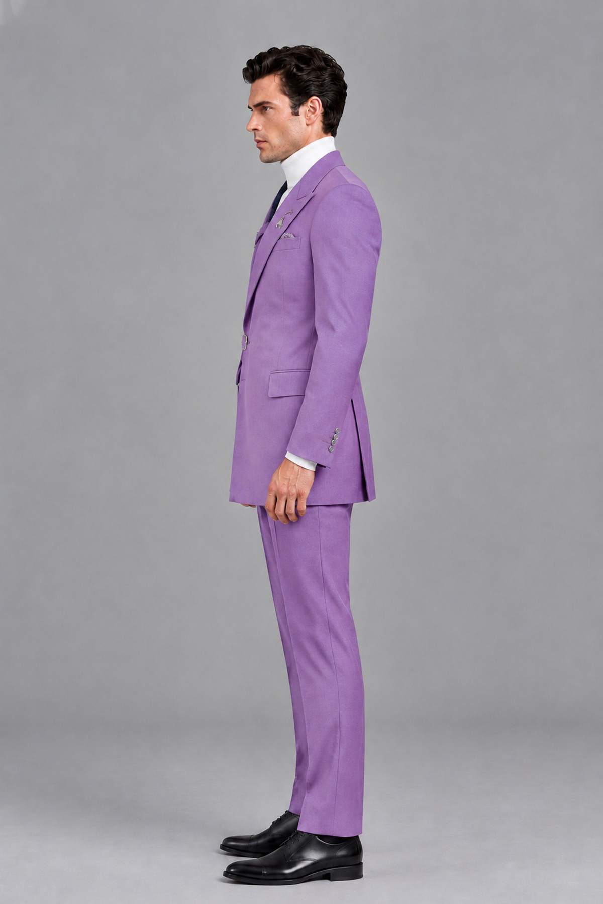 Savile Men's Lilac Double Buckle Wrap Belted 2-Piece Suit Set – Peak Lapel Slim-Fit Jacket & Trousers - Lilac - Lilac_4