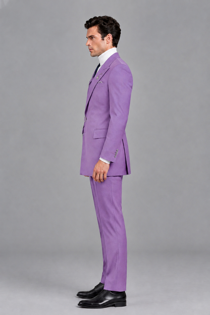 Savile Men's Lilac Double Buckle Wrap Belted 2-Piece Suit Set – Peak Lapel Slim-Fit Jacket & Trousers - Lilac - Lilac_4