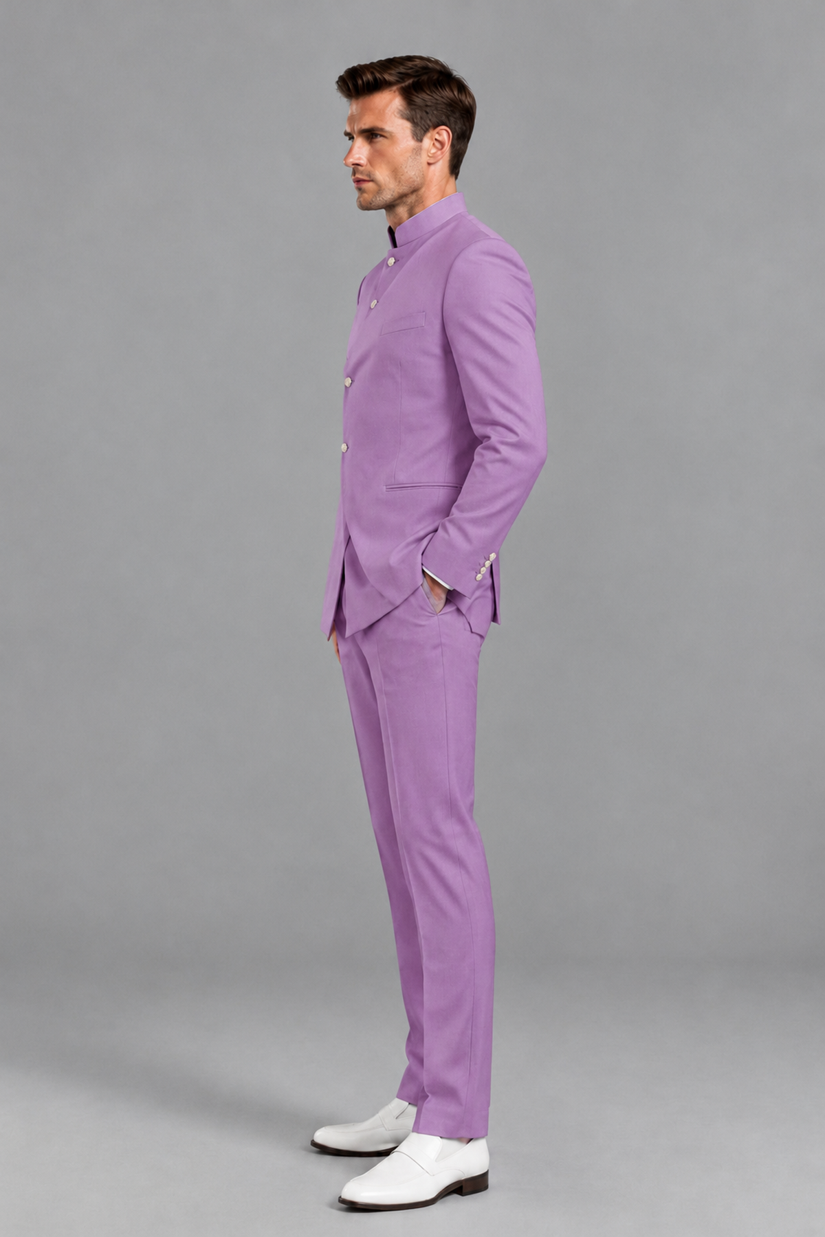 Savile Men's Lilac Asymmetrical Mandarin Collar Tuxedo Suit – Modern 2-Piece Gold Button Wedding, Prom & Gala Set - Lilac - Lilac_4