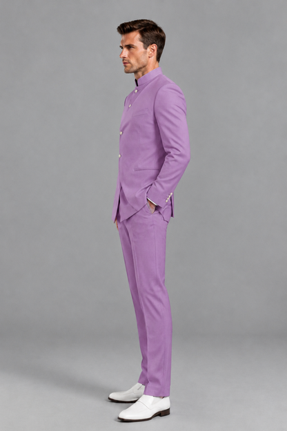 Savile Men's Lilac Asymmetrical Mandarin Collar Tuxedo Suit – Modern 2-Piece Gold Button Wedding, Prom & Gala Set - Lilac - Lilac_4