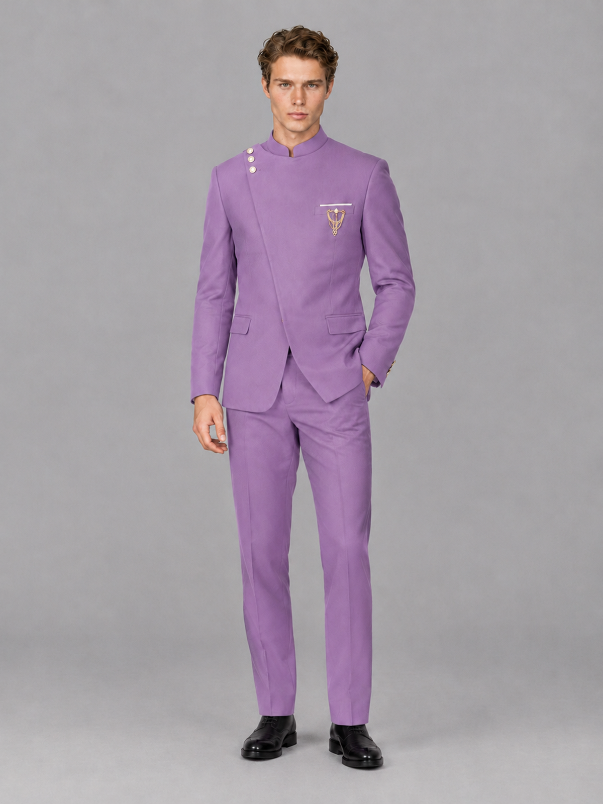 Savile Men's Lilac Mandarin Collar Asymmetrical 2-Piece Suit Set – Modern Jacket & Trousers - Lilac - Lilac_4