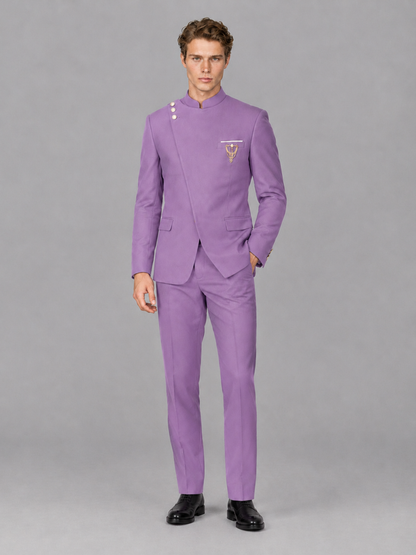 Savile Men's Lilac Mandarin Collar Asymmetrical 2-Piece Suit Set – Modern Jacket & Trousers - Lilac - Lilac_4