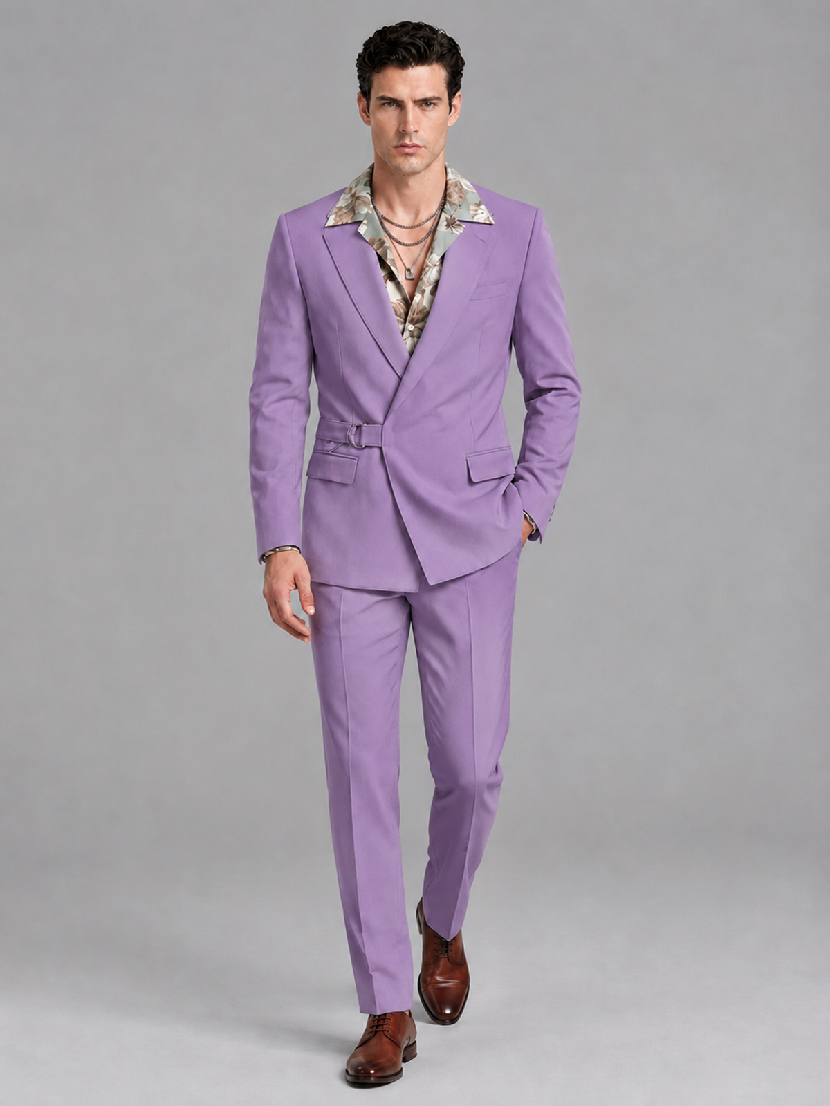 Savile Men's Lilac Belted Wrap 2-Piece Suit – Peak Lapel Blazer & Tailored Trousers - SUC060 - Lilac - Lilac_4