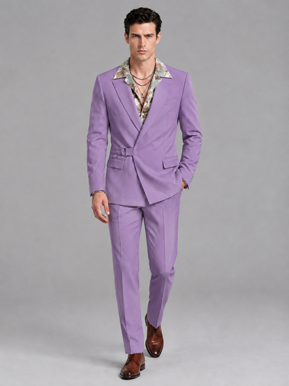 Savile Men's Lilac Belted Wrap 2-Piece Suit – Peak Lapel Blazer & Tailored Trousers - SUC060 - Lilac - Lilac_4