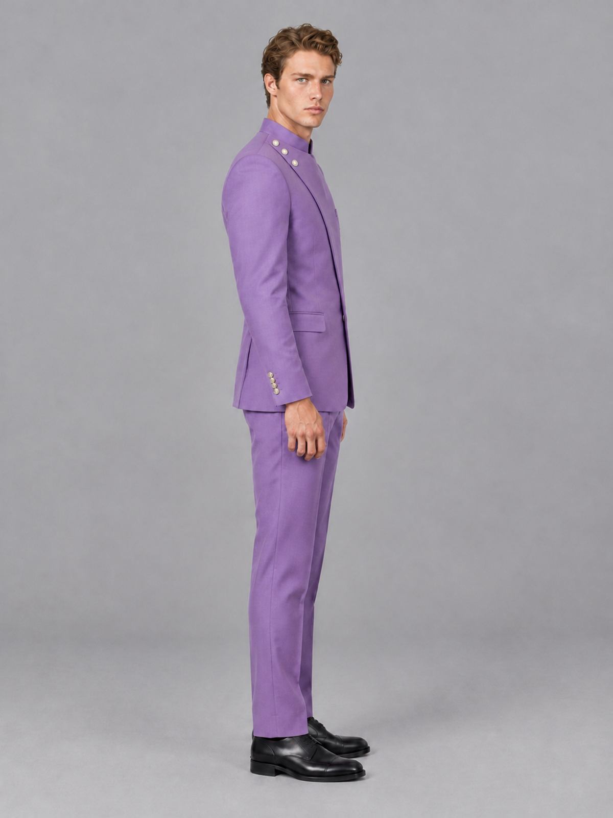 Savile Men's Lilac Mandarin Collar Asymmetrical 2-Piece Suit Set – Modern Jacket & Trousers - Lilac - Lilac_5