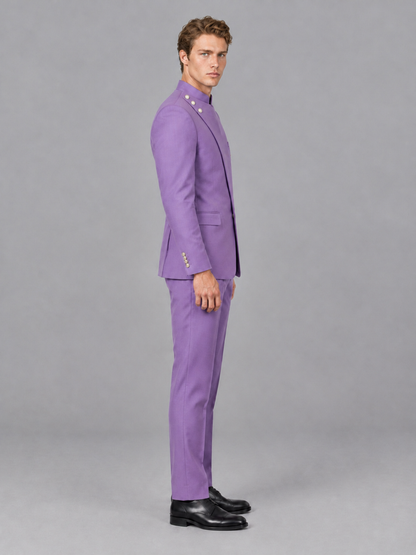 Savile Men's Lilac Mandarin Collar Asymmetrical 2-Piece Suit Set – Modern Jacket & Trousers - Lilac - Lilac_5