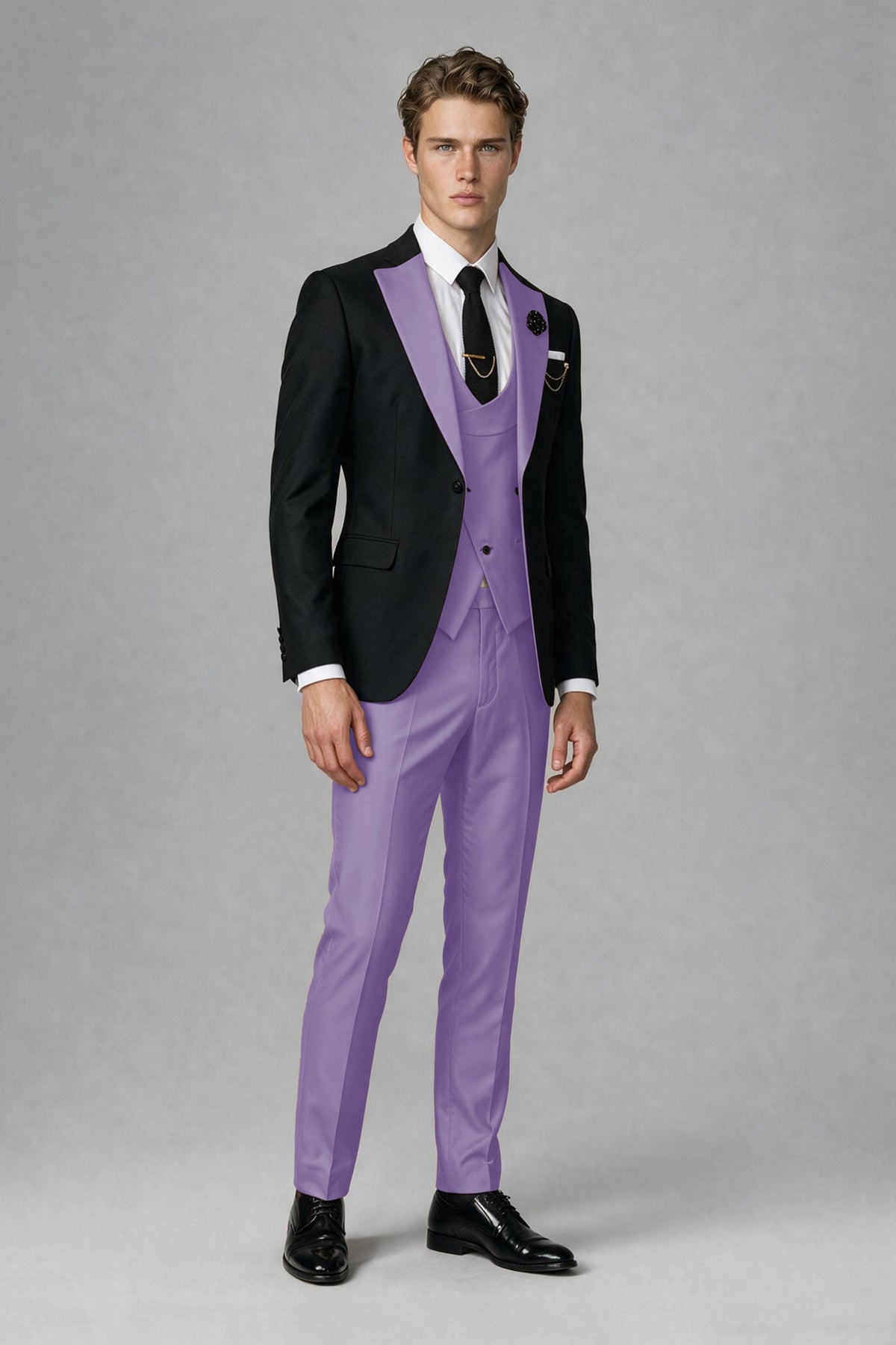 Savile Men's Black & Lilac Three-Piece Wedding Suit - Lilac