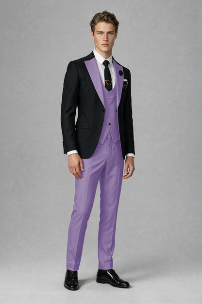 Savile Men's Black & Lilac Three-Piece Wedding Suit - Lilac