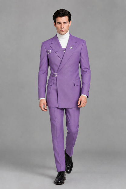 Savile Men's Lilac Double Buckle Wrap Belted 2-Piece Suit Set – Peak Lapel Slim-Fit Jacket & Trousers - Lilac - Lilac_5
