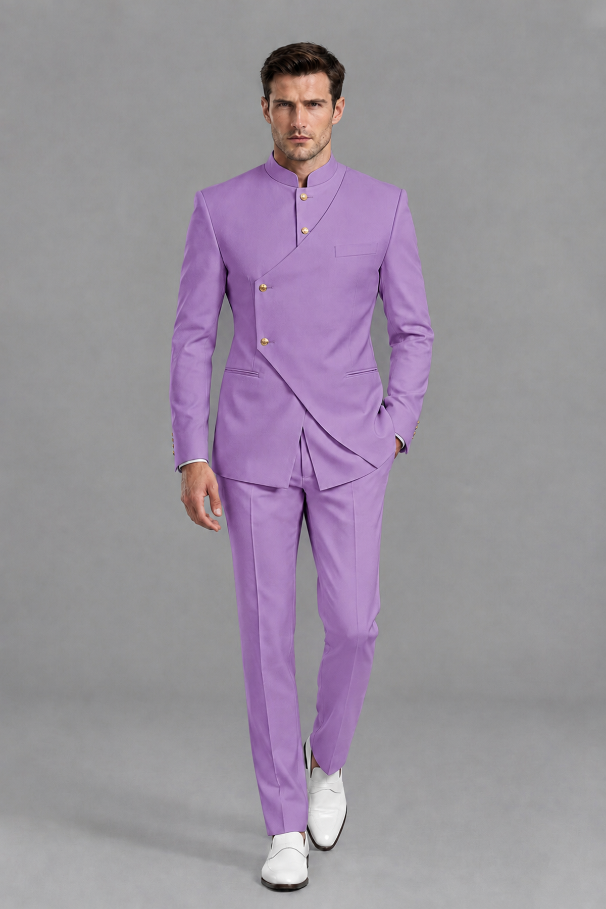 Savile Men's Lilac Asymmetrical Mandarin Collar Tuxedo Suit – Modern 2-Piece Gold Button Wedding, Prom & Gala Set - Lilac - Lilac_5