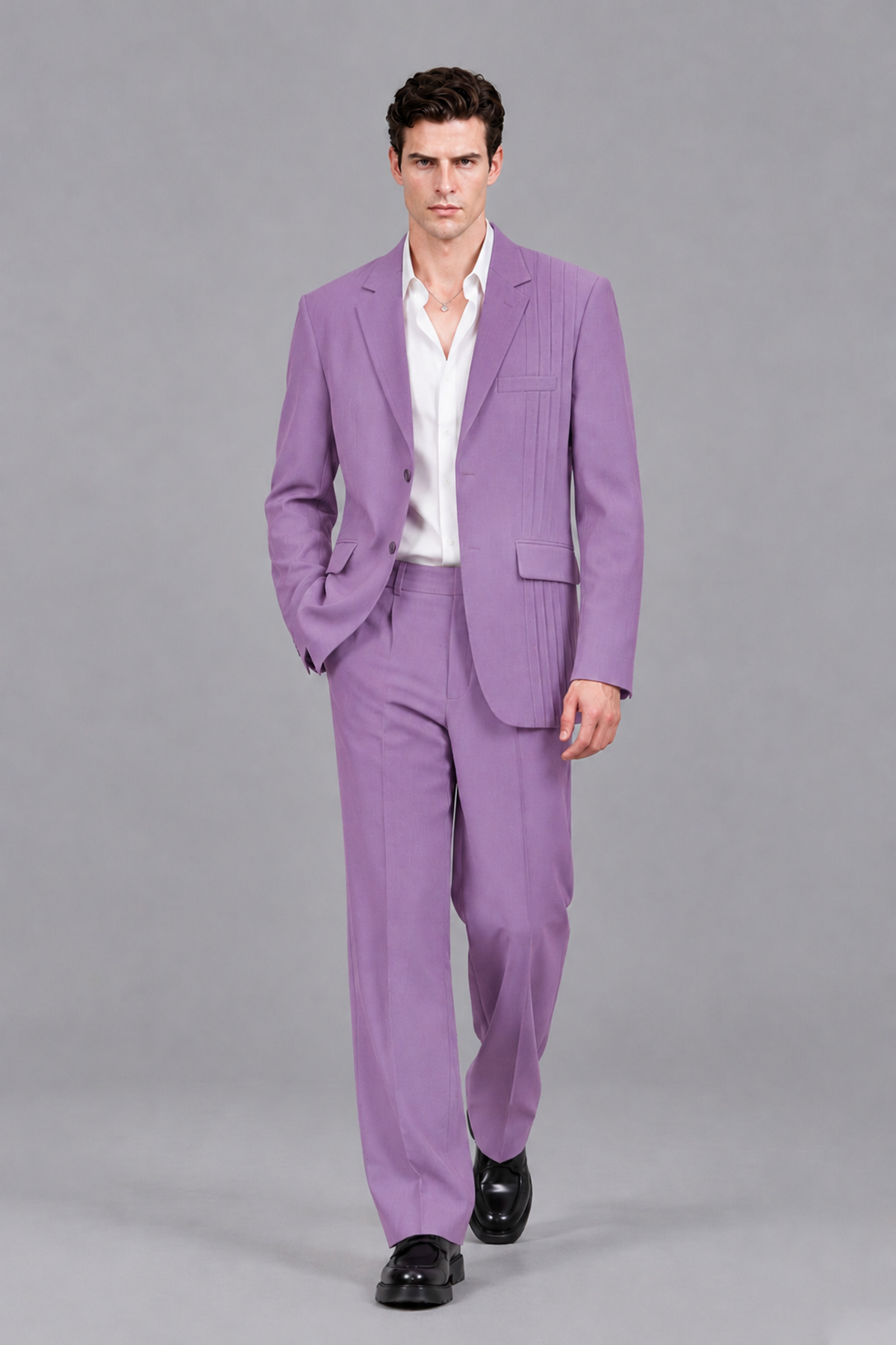 Savile Men's Lilac Pleated 2-Piece Suit Set | Notch Lapel Blazer & Tailored Trousers - Lilac - Lilac_5