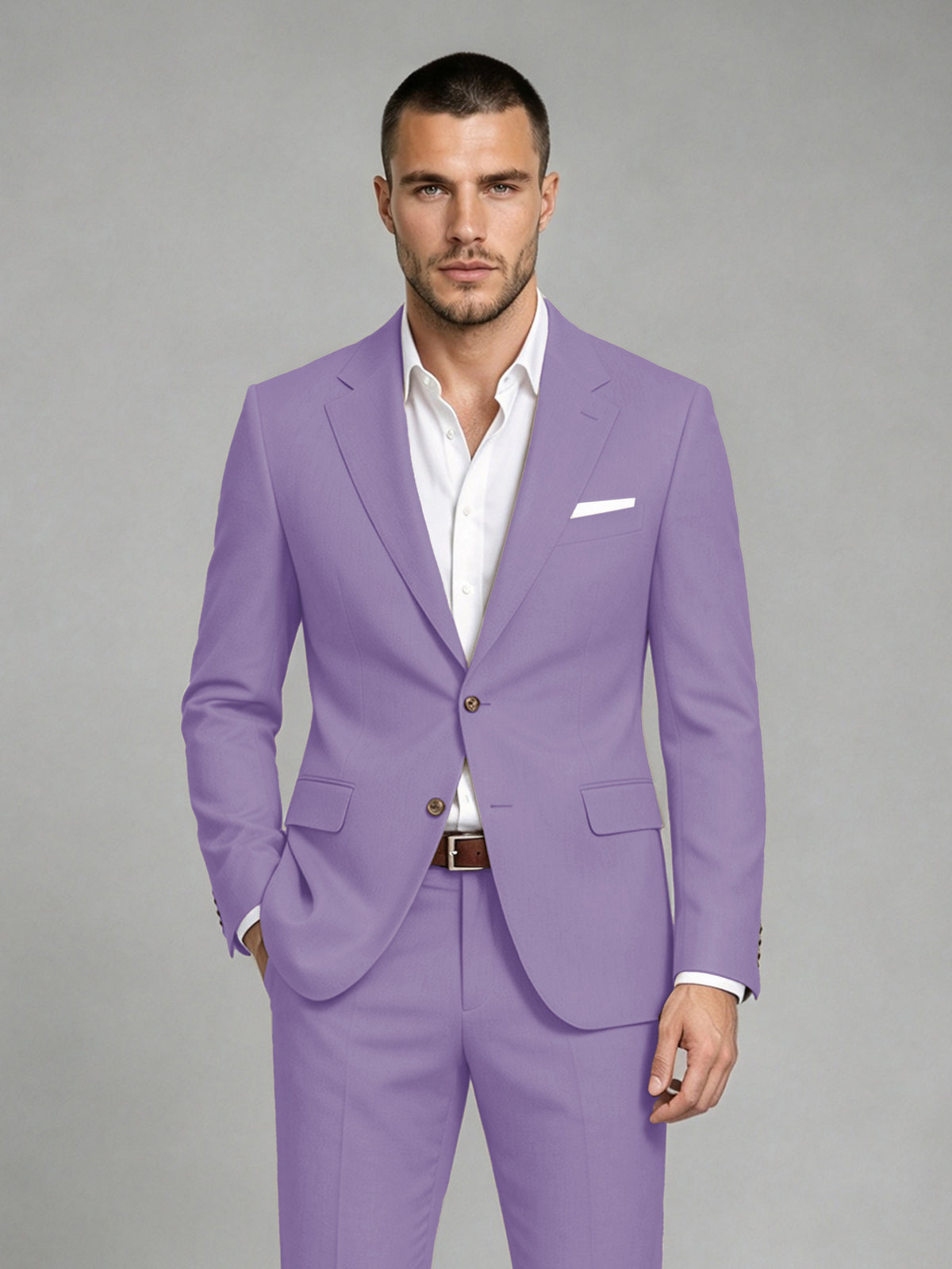 Savile Men's Dark Lilac Wool-Blend 2-Piece Suit Set – Two-Button Notch Lapel Slim-Fit Blazer & Turn-Up Trousers - Lilac