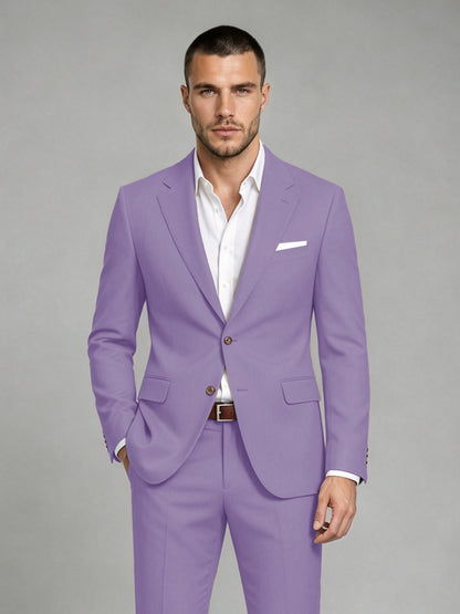 Savile Men's Dark Lilac Wool-Blend 2-Piece Suit Set – Two-Button Notch Lapel Slim-Fit Blazer & Turn-Up Trousers - Lilac