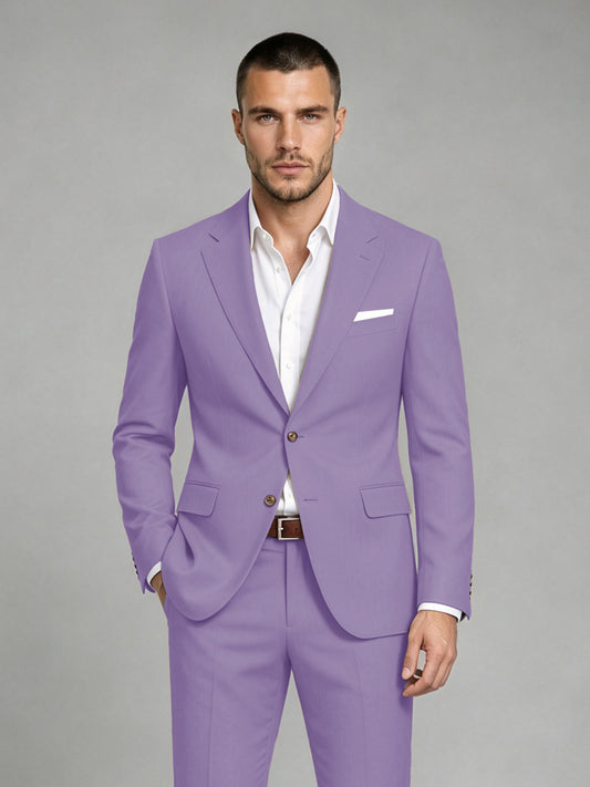 Savile Men's Dark Lilac Wool-Blend 2-Piece Suit Set – Two-Button Notch Lapel Slim-Fit Blazer & Turn-Up Trousers - Lilac