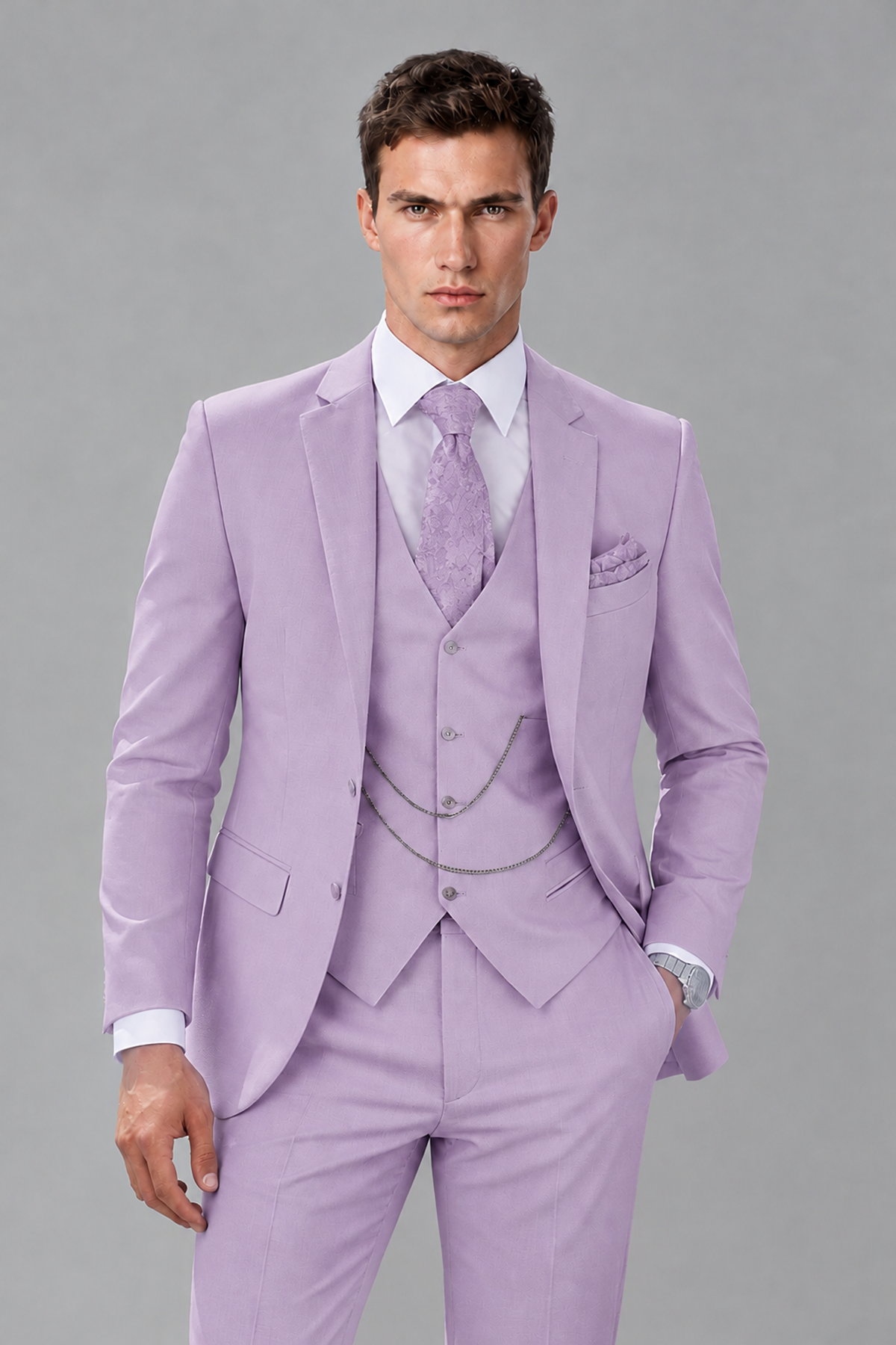 Savile Lilac 3-Piece Suit with Notch Lapel & Chain Vest - Lilac