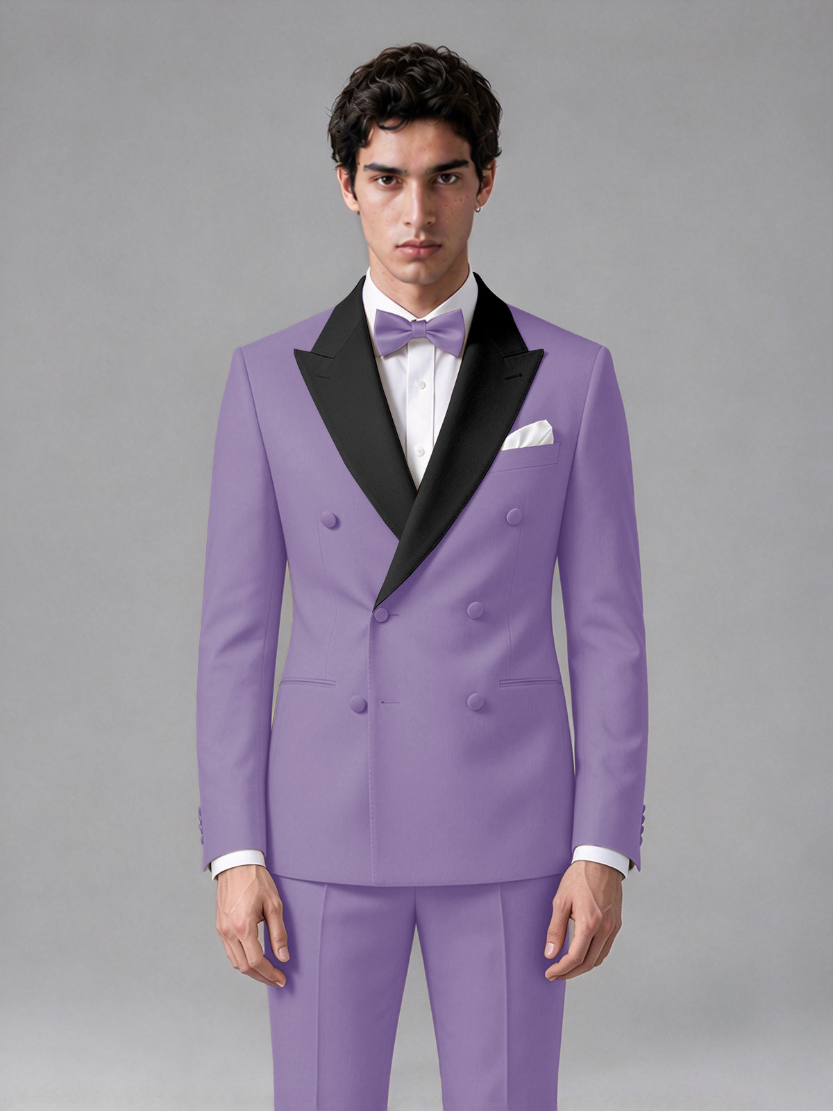 Men's Lilac Double-Breasted Satin Peak Lapel Tuxedo Suit Set (Jacket + Trousers) - Lilac