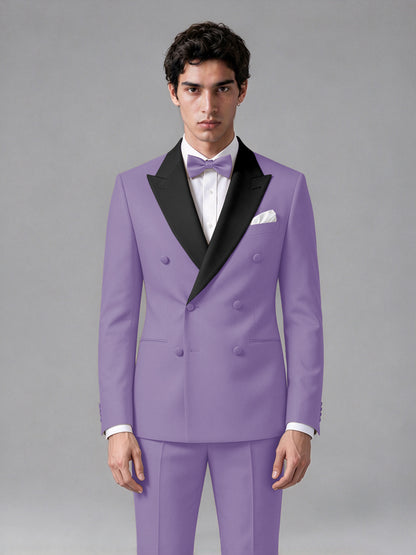 Men's Lilac Double-Breasted Satin Peak Lapel Tuxedo Suit Set (Jacket + Trousers) - Lilac