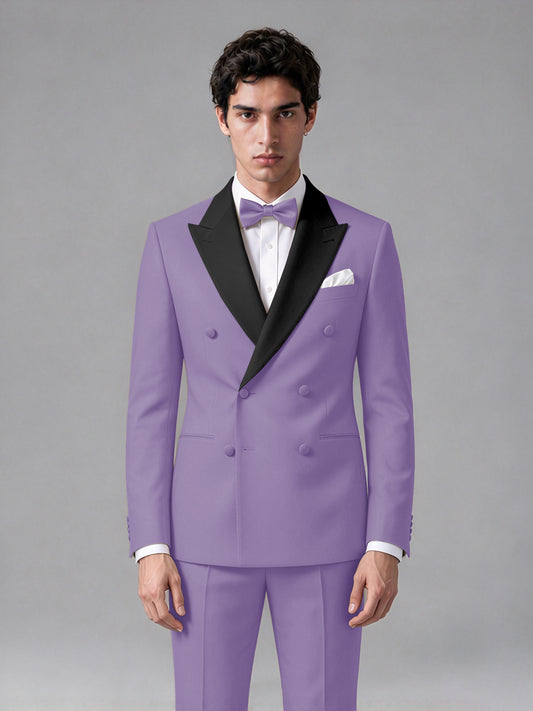 Men's Lilac Double-Breasted Satin Peak Lapel Tuxedo Suit Set (Jacket + Trousers) - Lilac