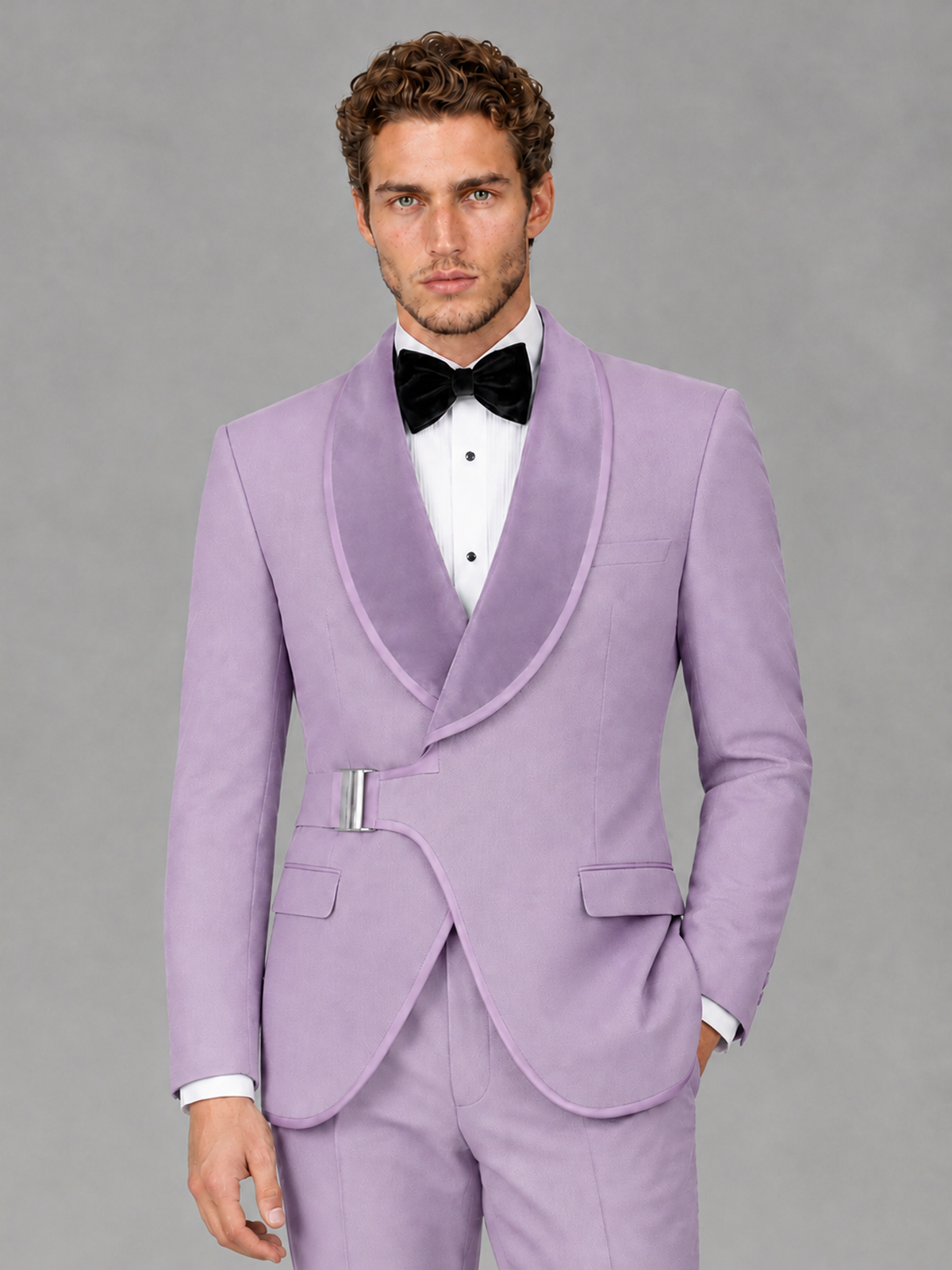 Savile Men's Lilac Velvet Shawl Lapel Tuxedo Suit – Modern Side-Buckle Dinner Jacket & Trousers 2-Piece Set - Lilac