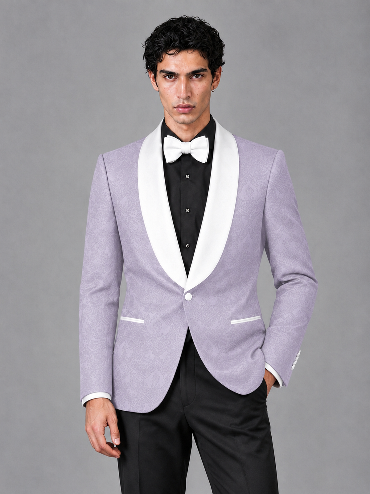 Savile Men's Lilac Jacquard White Shawl Lapel 2-Piece Tuxedo Suit Set | Jacket & Trousers - Lilac - Lilac (1)