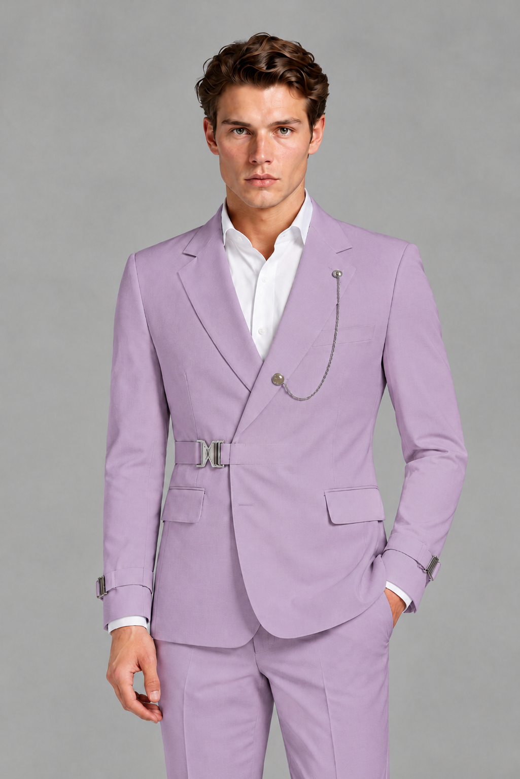 Savile Men's Lilac Buckle-Closure 2-Piece Suit Set | Peak Lapel Blazer & Trousers - Lilac