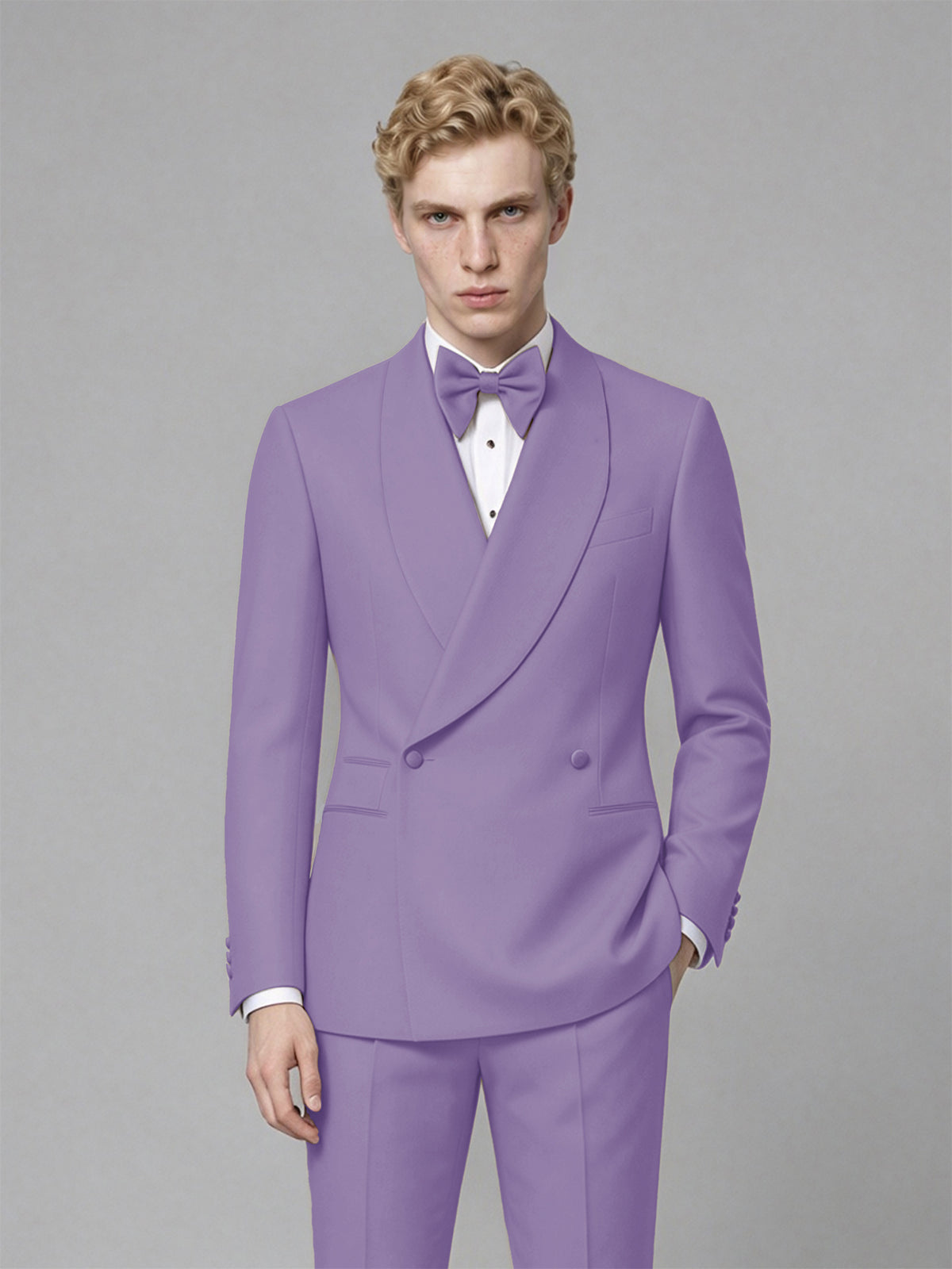 Men's Lilac Single-Button Lilac Satin Shawl Lapel Tuxedo Suit Set | Blazer & Trousers - Lilac