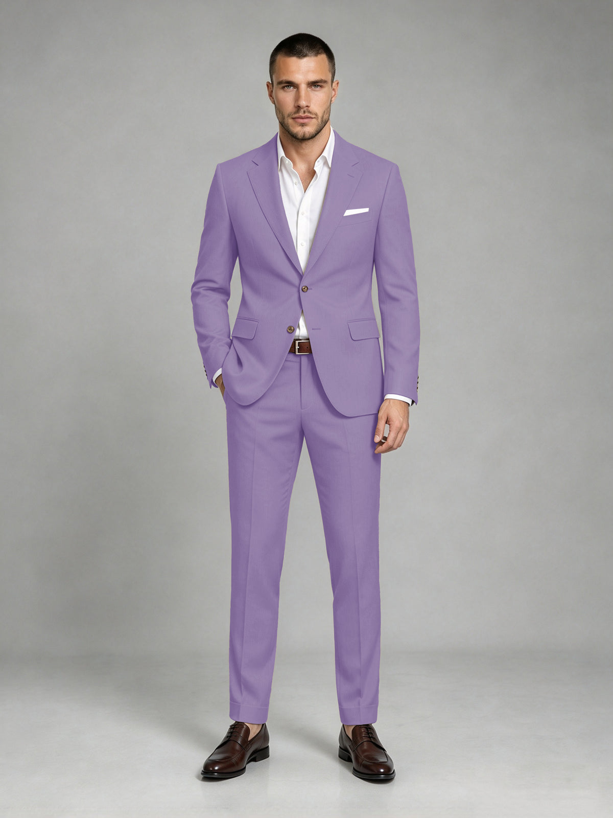 Savile Men's Dark Lilac Wool-Blend 2-Piece Suit Set – Two-Button Notch Lapel Slim-Fit Blazer & Turn-Up Trousers - Lilac