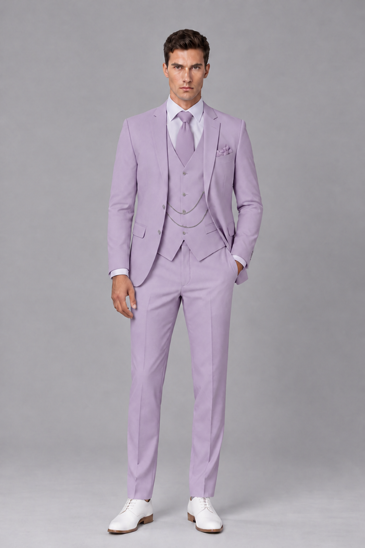 Savile Lilac 3-Piece Suit with Notch Lapel & Chain Vest - Lilac
