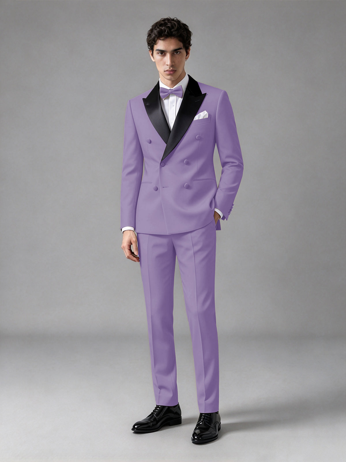 Men's Lilac Double-Breasted Satin Peak Lapel Tuxedo Suit Set (Jacket + Trousers) - Lilac