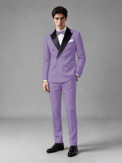 Men's Lilac Double-Breasted Satin Peak Lapel Tuxedo Suit Set (Jacket + Trousers) - Lilac