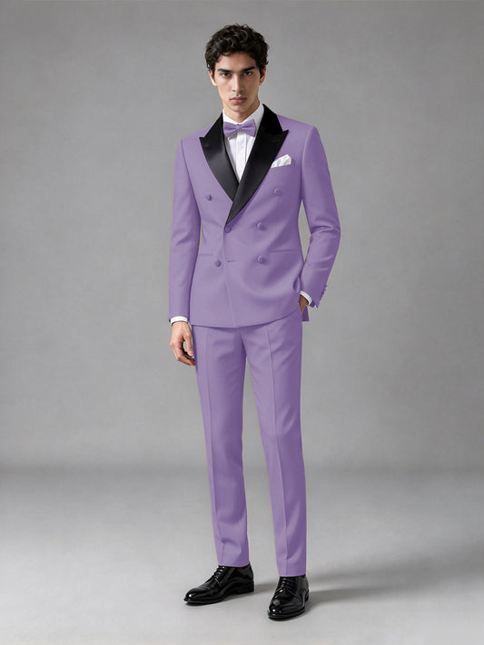 Men's Lilac Double-Breasted Satin Peak Lapel Tuxedo Suit Set (Jacket + Trousers) - Lilac