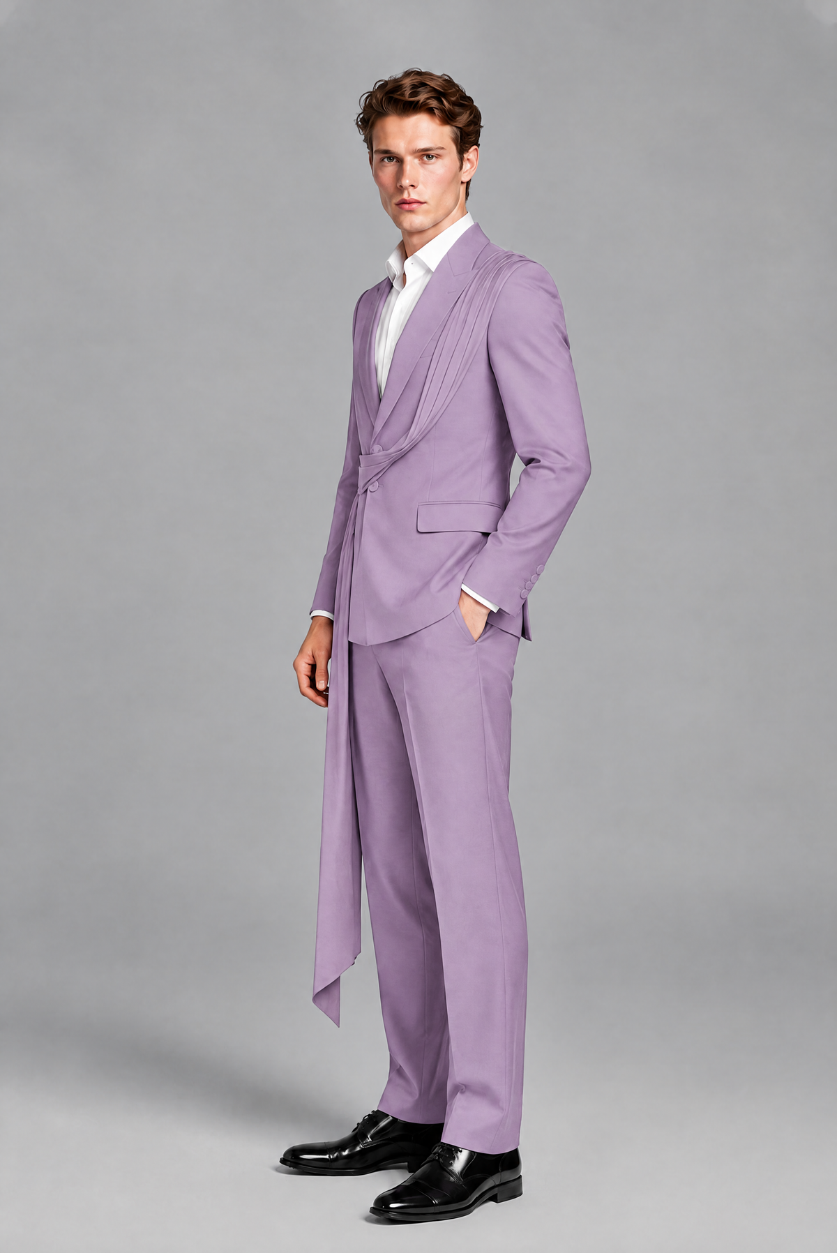 Men's Lilac Draped Sash Suit – Peak Lapel 2-Piece Slim Fit Party, Gala & Wedding Set - Lilac