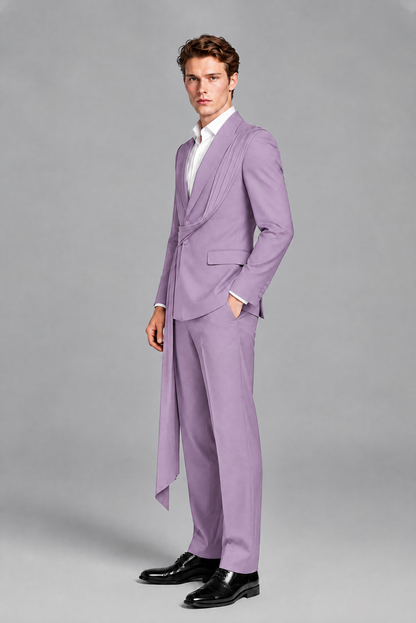 Men's Lilac Draped Sash Suit – Peak Lapel 2-Piece Slim Fit Party, Gala & Wedding Set - Lilac