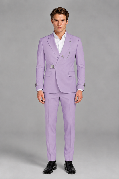 Savile Men's Lilac Buckle-Closure 2-Piece Suit Set | Peak Lapel Blazer & Trousers - Lilac