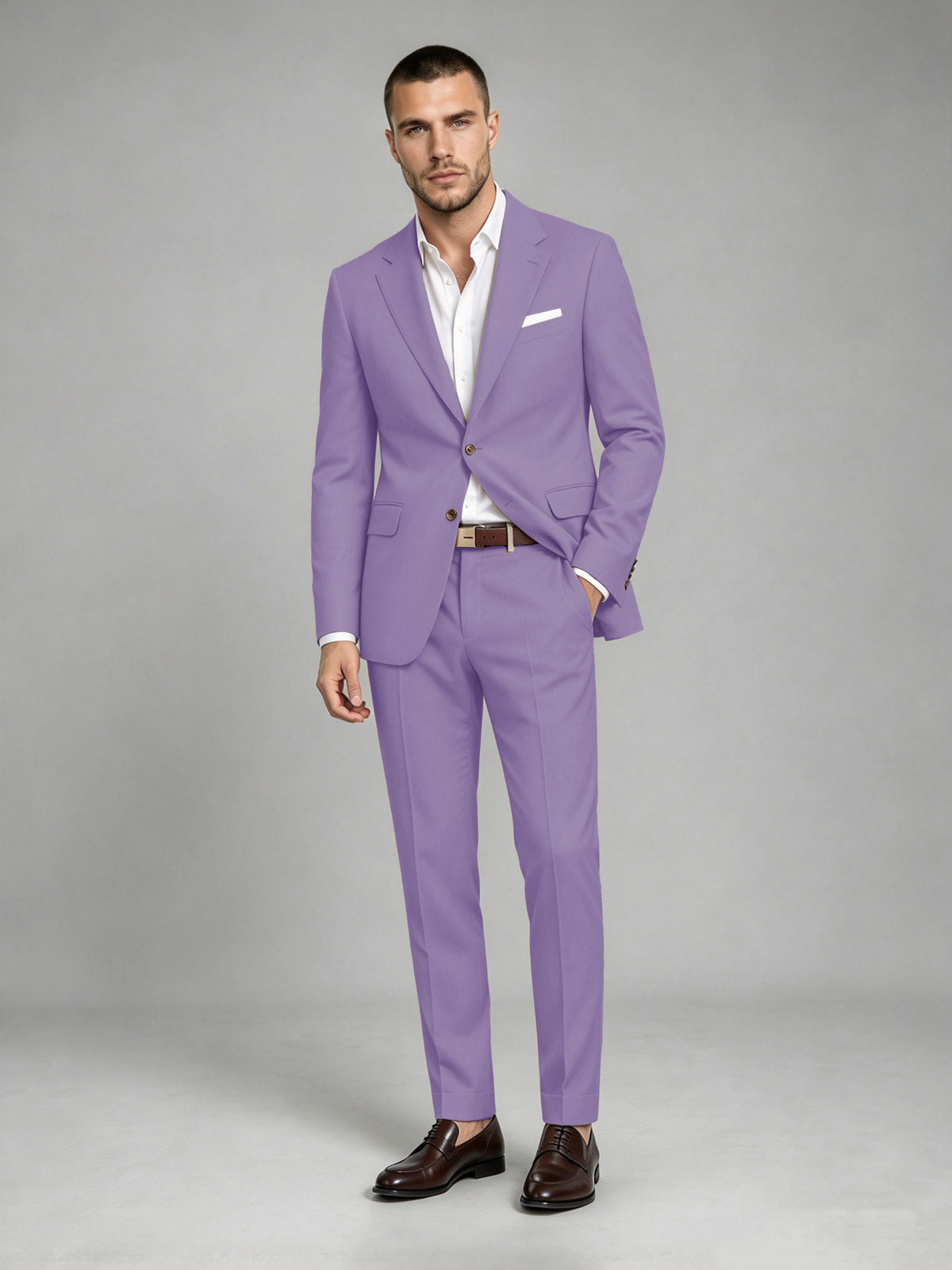 Savile Men's Dark Lilac Wool-Blend 2-Piece Suit Set – Two-Button Notch Lapel Slim-Fit Blazer & Turn-Up Trousers - Lilac