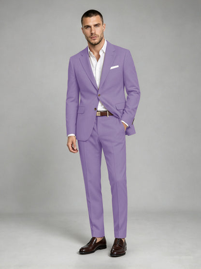 Savile Men's Dark Lilac Wool-Blend 2-Piece Suit Set – Two-Button Notch Lapel Slim-Fit Blazer & Turn-Up Trousers - Lilac