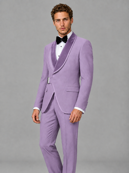 Savile Men's Lilac Velvet Shawl Lapel Tuxedo Suit – Modern Side-Buckle Dinner Jacket & Trousers 2-Piece Set - Lilac