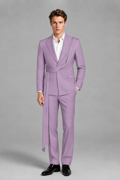 Men's Lilac Draped Sash Suit – Peak Lapel 2-Piece Slim Fit Party, Gala & Wedding Set - Lilac