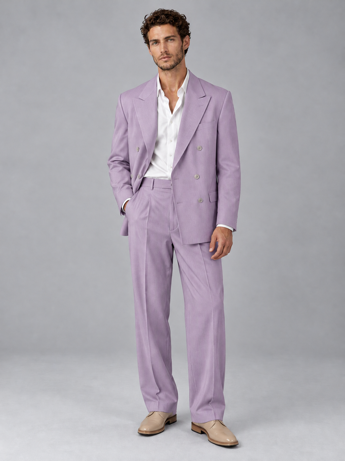 Savile Lilac Beige Double-Breasted 2-Piece Suit with Peak Lapel - Lilac
