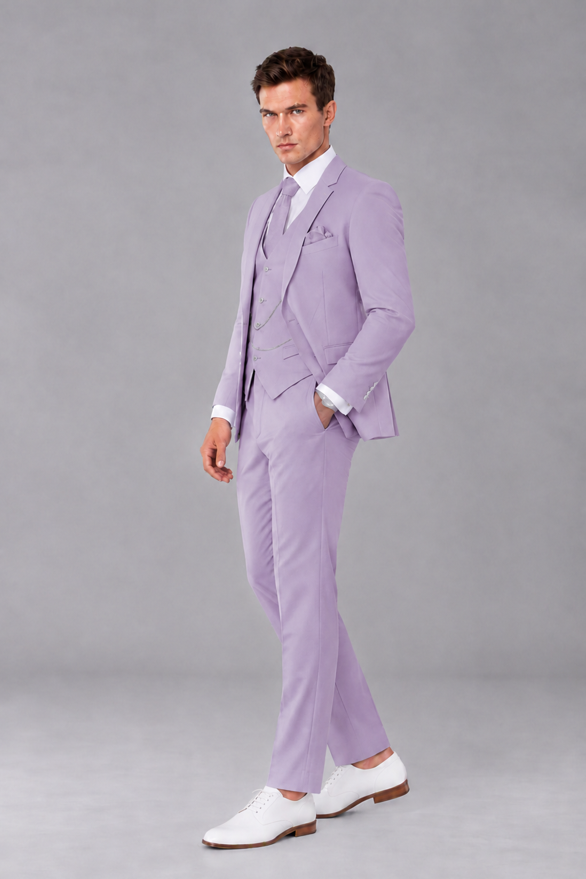 Savile Lilac 3-Piece Suit with Notch Lapel & Chain Vest - Lilac