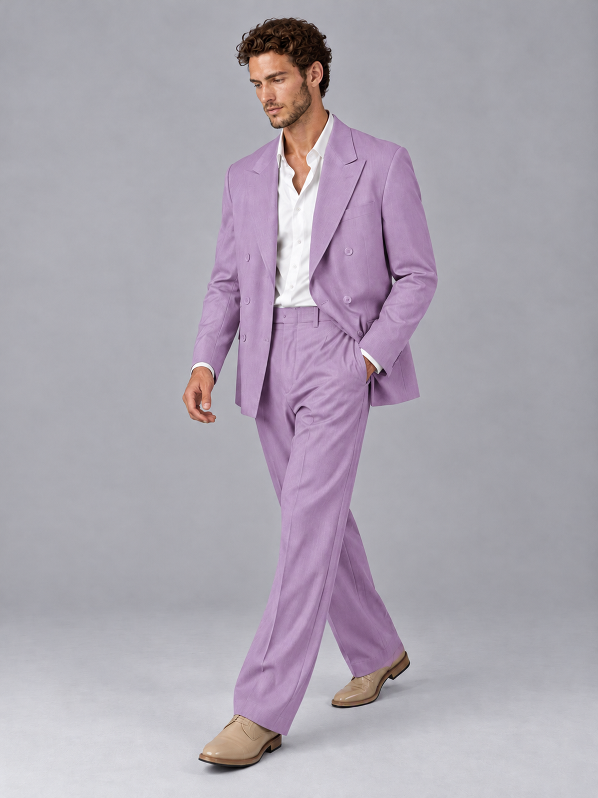 Savile Lilac Beige Double-Breasted 2-Piece Suit with Peak Lapel - Lilac