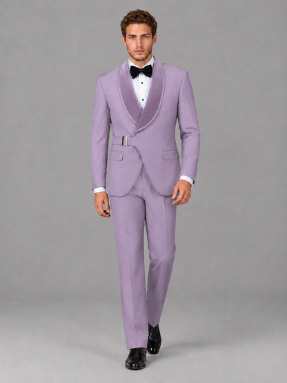 Savile Men's Lilac Velvet Shawl Lapel Tuxedo Suit – Modern Side-Buckle Dinner Jacket & Trousers 2-Piece Set - Lilac