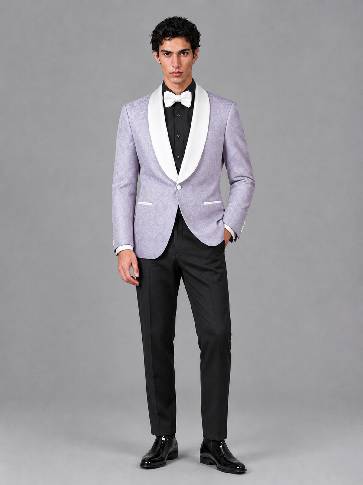 Savile Men's Lilac Jacquard White Shawl Lapel 2-Piece Tuxedo Suit Set | Jacket & Trousers - Lilac - Lilac (4)